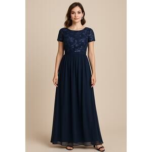 R&M Richards Navy Sequined Top Short Sleeve Gown Chiffon Skirt Midi Dress Size 8